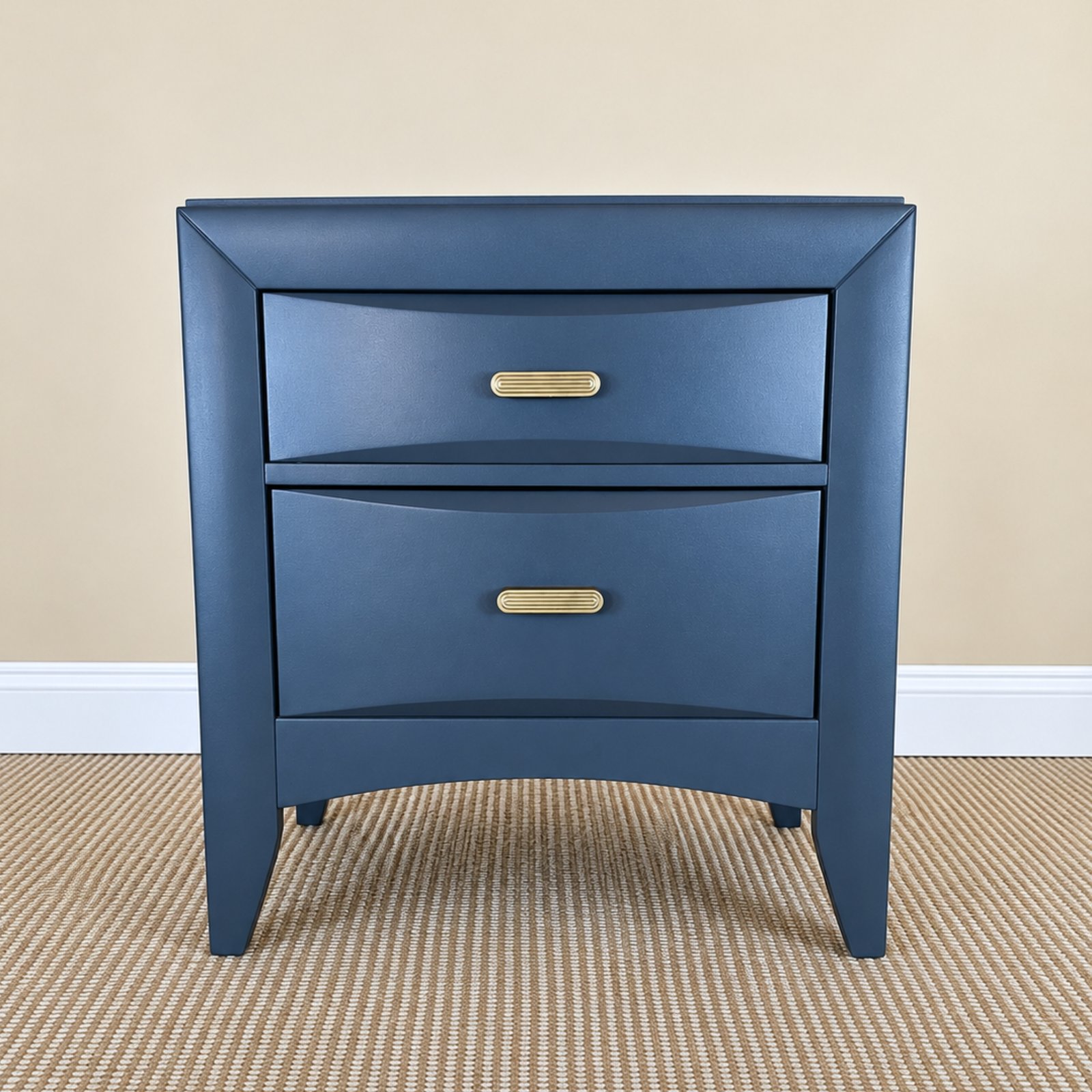 Bloom & Grain Piece 014 two-drawer nightstand after transformation in deep teal with antique brass hardware