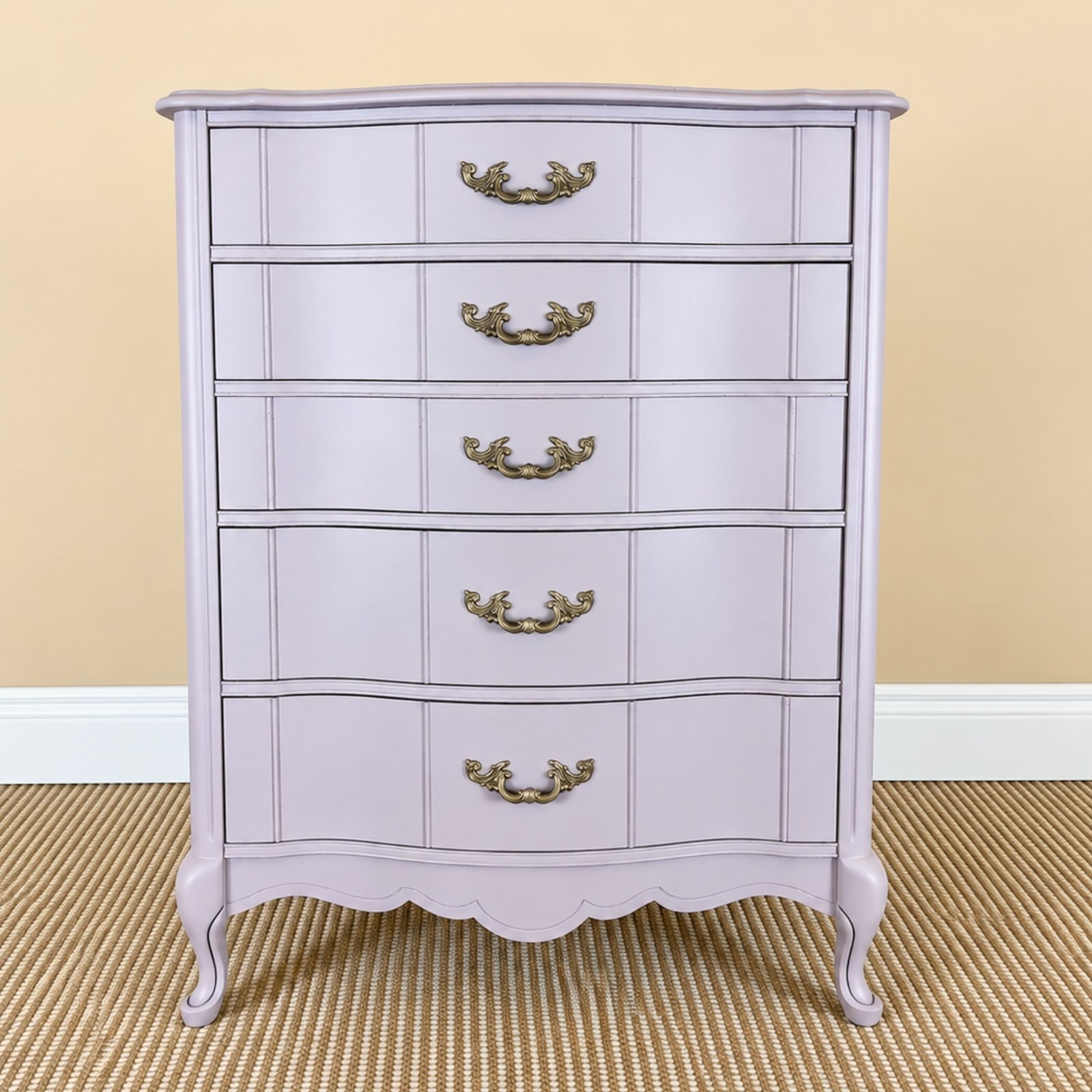 Bloom & Grain Piece 017 tall French Provincial dresser after transformation in soft blush with gold hardware