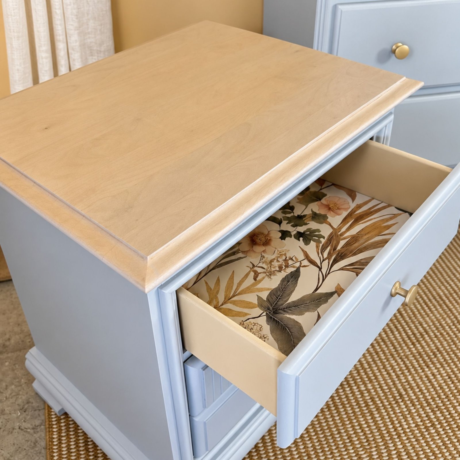 Bloom & Grain Pieces 018–020 soft blue dresser and nightstand set after refinishing