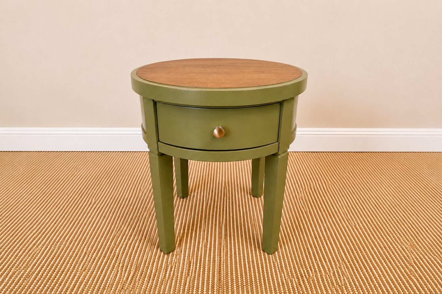Compass Blue End Table | Bloom & Grain Refinished Compass Blue end table with champagne bronze hardware styled beside a cream armchair in a cozy living room.