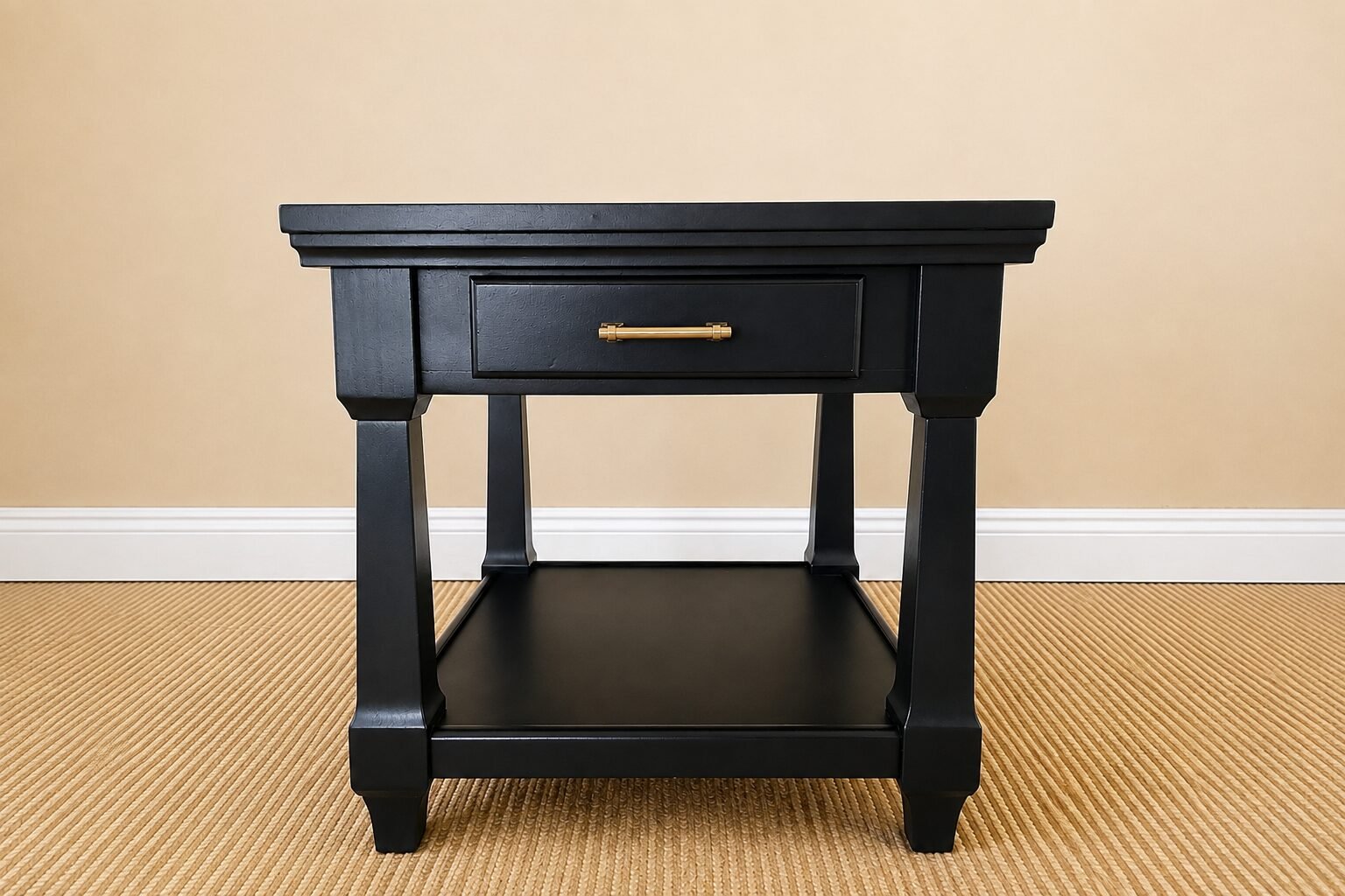 Compass Blue End Table | Bloom & Grain Refinished Compass Blue end table with champagne bronze hardware styled beside a cream armchair in a cozy living room.