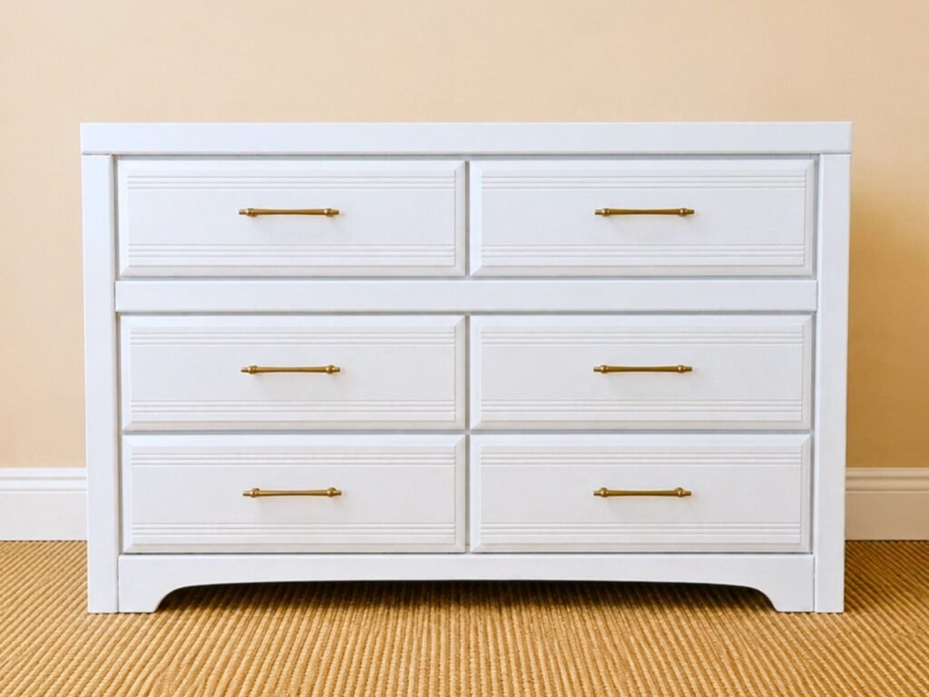 Cream White Dresser Bedroom Styling | Bloom & Grain Refinished cream white six-drawer dresser with champagne gold hardware styled in a bright, neutral bedroom with blush accents.