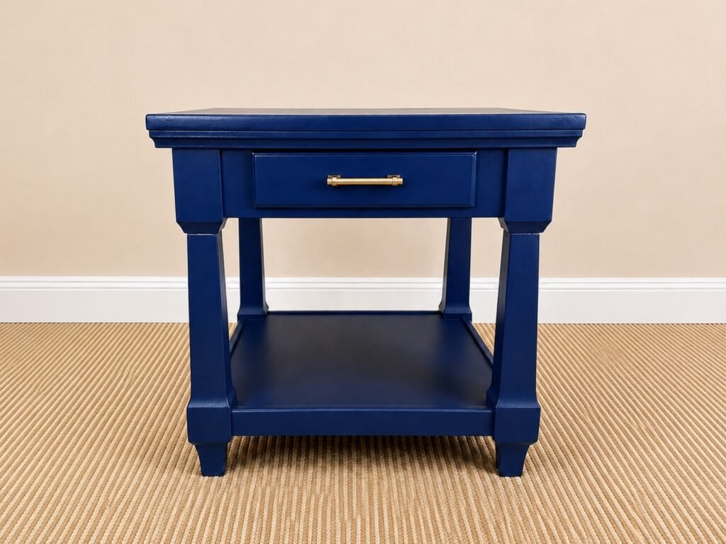 Compass Blue End Table | Bloom & Grain Refinished Compass Blue end table with champagne bronze hardware styled beside a cream armchair in a cozy living room.