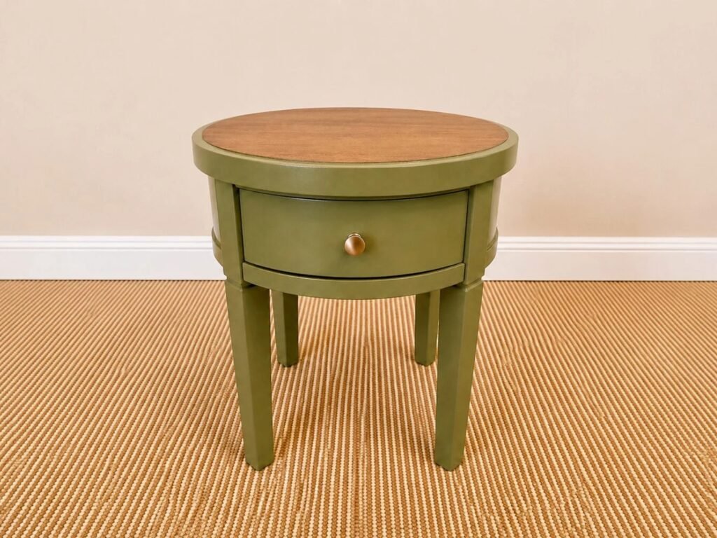 Piece 004 | Oregano Round End Table 4 Refinished round end table in Oregano Spice with a stained wood top, styled in a warm, contemporary living room.