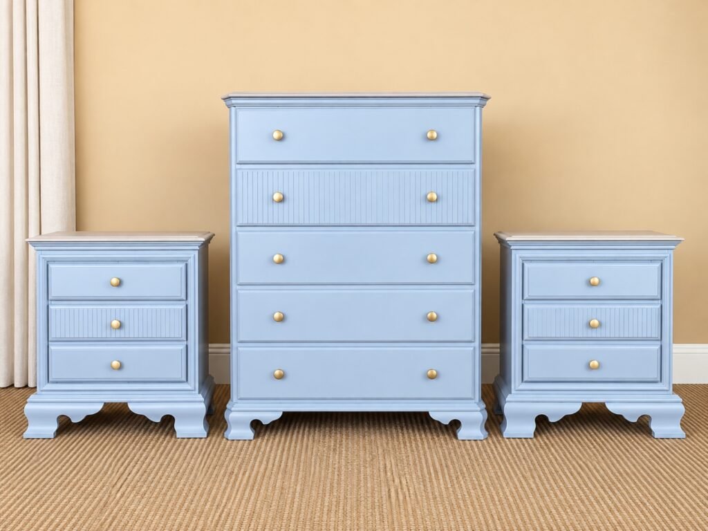 Vintage blue 3-piece bedroom set with tall chest and two matching nightstands