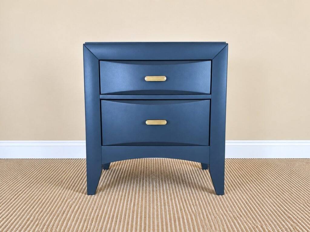Deep teal two-drawer nightstand with antique bronze hardware