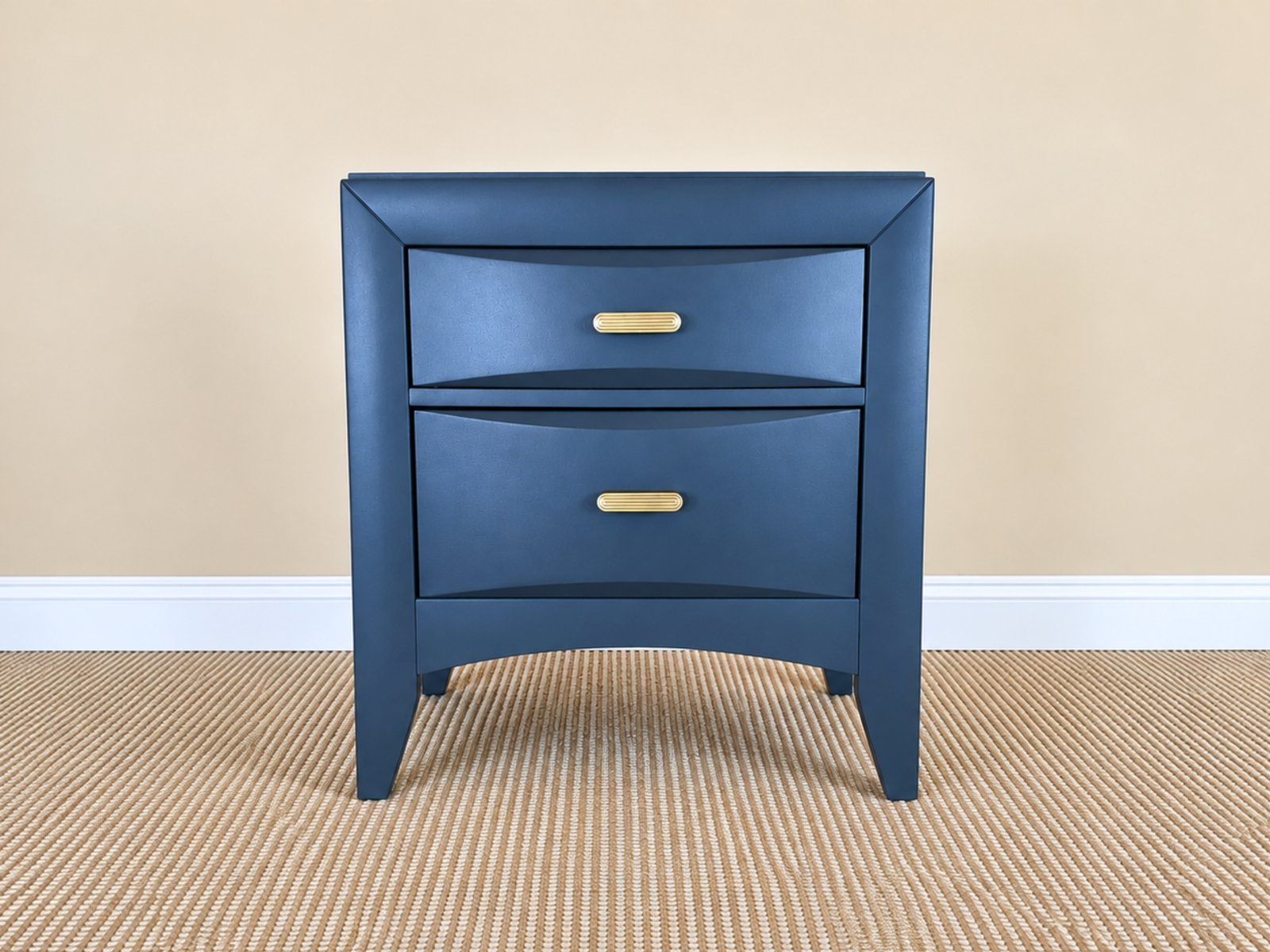 Deep teal two-drawer nightstand with antique bronze hardware