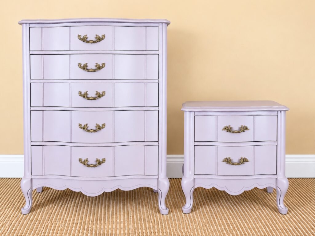 Blush French Provincial dresser and nightstand set with champagne-gold hardware