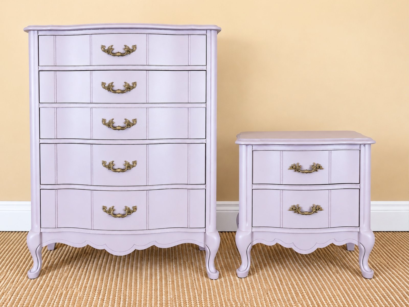 Blush French Provincial dresser and nightstand set with champagne-gold hardware