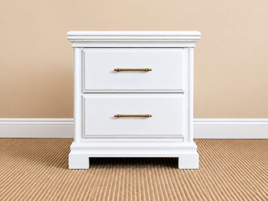 Creamy white American Drew nightstand with two drawers and champagne-gold hardware