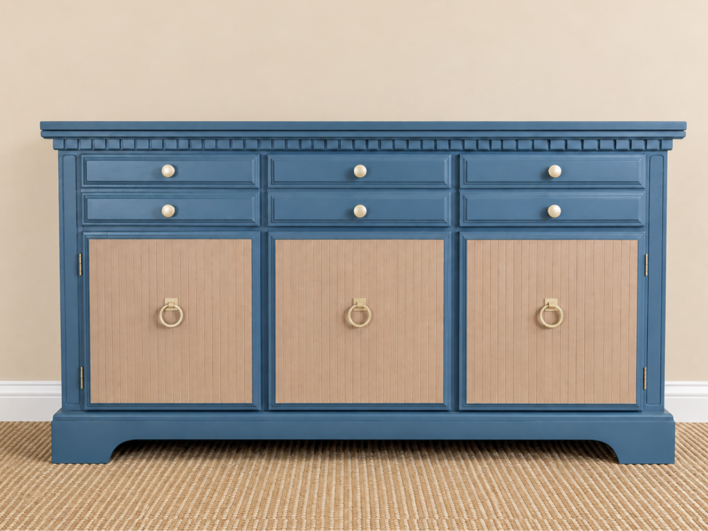 Blue reeded sideboard with natural-toned cabinet panels and champagne-gold hardware