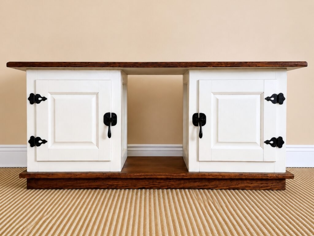 White Clad console refinished in creamy white with dark wood top and black hardware